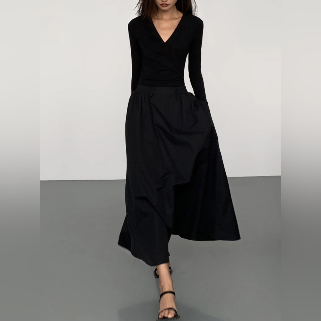 Commense V-Neck Double Pockets Long Sleeve Long Dress - Size Xsmall